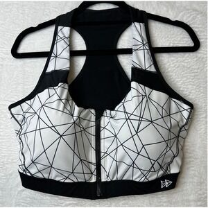 Yvette Front Zip High Impact Sports Bra Geometric Black White Racerback 48D-F